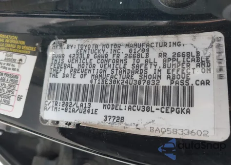 2004 Toyota Camry Xle from USA, damaged, VIN 4T1BE30K24U307032
